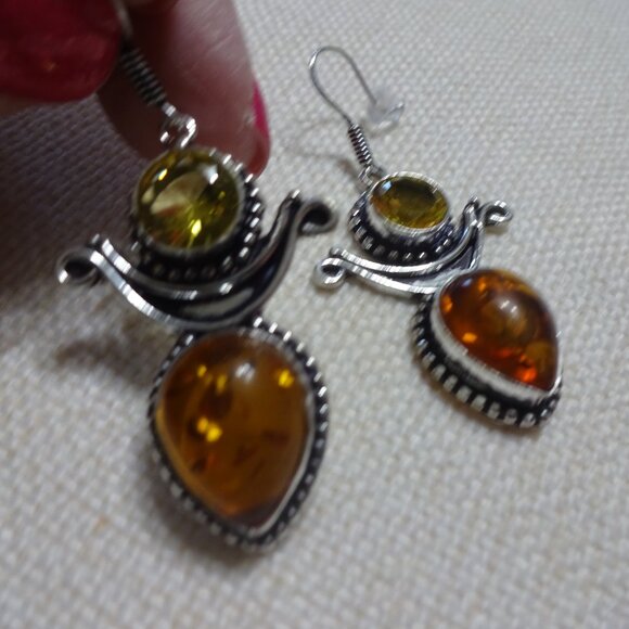 Stunning AMBER & CITRINE Handmade Sterling Dangle Earrings #784B - Picture 3 of 3